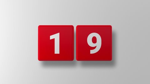 
Countdown. Countdown 60 seconds. Countdown minute. Countdown on glossy red box. Red cube. White background. 3D. 3D Rendering