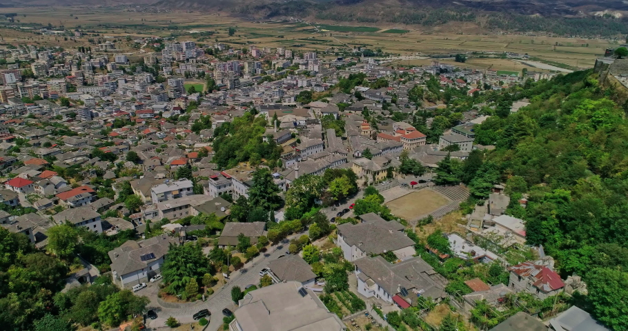 Cityscape of Gjirokaster old town, Albania. Aerial view