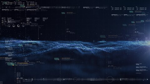 Futuristic digitally generated motion graphic exploding blue particles wave flowing in virtual reality abstract cyber space environment de-focus abstract HUD background