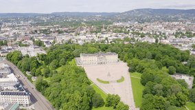 Inscription on video. Oslo, Norway. Royal Palace. Slottsplassen. Palace park. Heat burns text, Aerial View, Point of interest