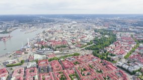 Inscription on video. Gothenburg, Sweden. Panorama of the city central part of the city. Cloudy weather. Glitch effect text, Aerial View