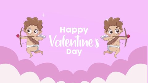 happy valentines day lettering with cupids angels animation , 4k video animated