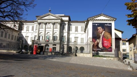Bergamo. Italy.10-30-2021.Facade of Carrara academy of fine arts. Bergamo City. Panning 4K