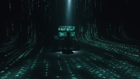 Minimalistic concept of alone hacker programmer surrounded by green programming codes in a dark ambient cyber space, sitting at a table with four monitors doing a hacking attack
