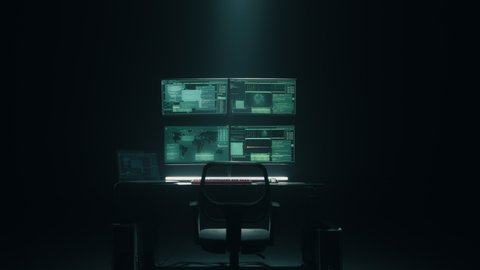 Dark hideout with monitors with software interface and computer equipment for hacking secret data and attacking the government server and scamming in network illegal