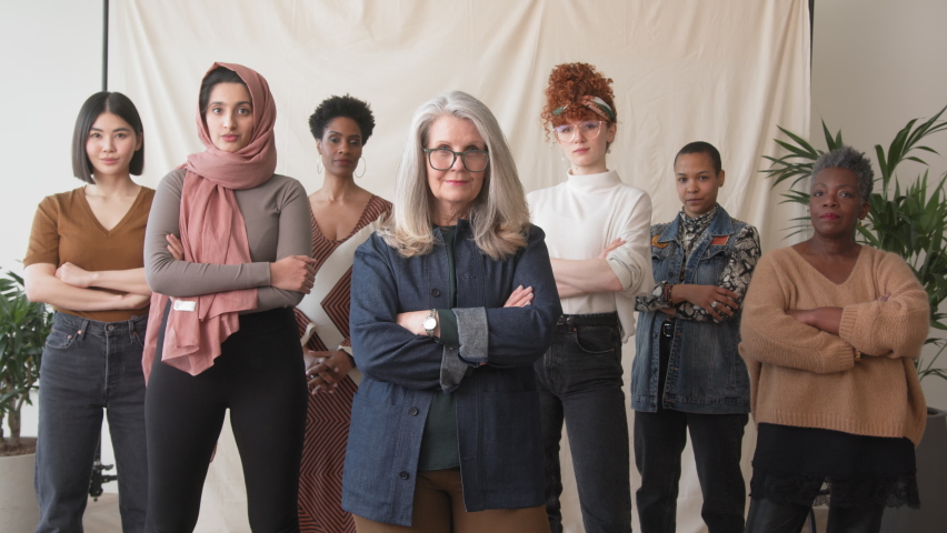 Slow motion of multi ethnic mixed age range women in support of International Women's Day | Shutterstock HD Video #1086912119