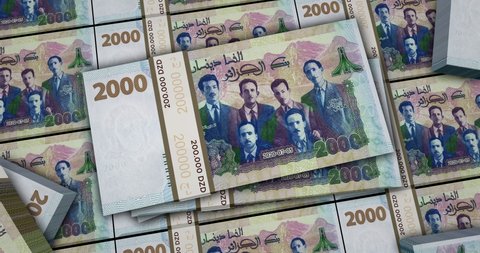 Algerian Dinar banknotes 3d animation. Camera view from close to long distance. DZD money packs. Concept of inflation, economy, crisis, business, banking, debt and finance in Algeria.