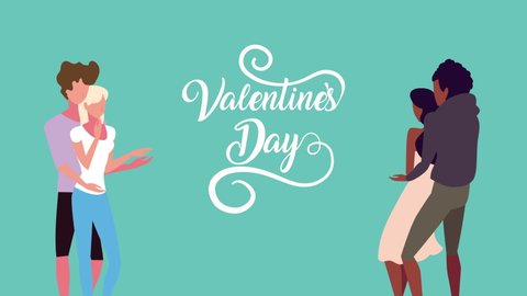 interracial lovers couple and valentines day lettering ,4k video animated