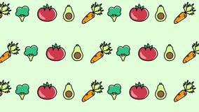 Vegetables Footage Moving Background. Здоровая еда, овощи - анимированный фон. Healthy food on green background: tomato, broccoli, carrot, avocado. 4K, 2K video