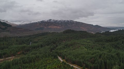 Aerial View Shot of Scottish Highlands, moody overcast