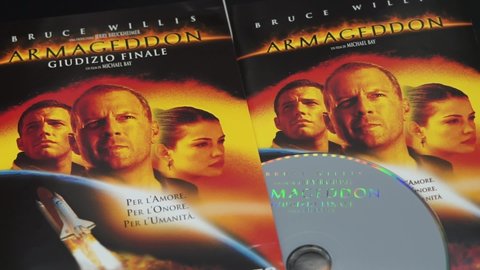 Rome, Italy - February 12, detail of the cover and DVD of the movie Armageddon Final Judgment.
