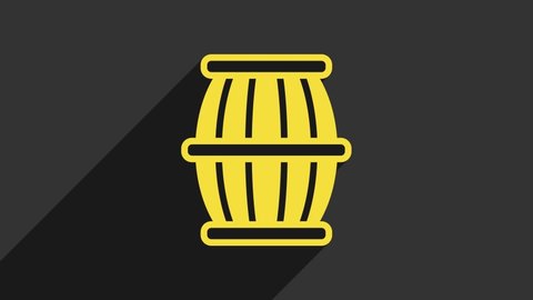 Yellow Gun powder barrel icon isolated on grey background. TNT dynamite wooden old barrel. 4K Video motion graphic animation.