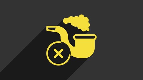 Yellow Smoking pipe with smoke icon isolated on grey background. Tobacco pipe. 4K Video motion graphic animation.