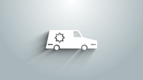 White Hearse car icon isolated on grey background. 4K Video motion graphic animation.