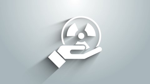 White Radioactive in hand icon isolated on grey background. Radioactive toxic symbol. Radiation Hazard sign. 4K Video motion graphic animation.