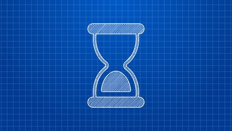 White line Old hourglass with flowing sand icon isolated on blue background. Sand clock sign. Business and time management concept. 4K Video motion graphic animation.