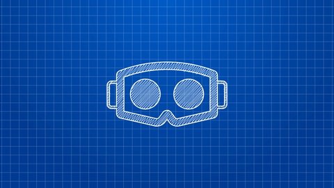 White line Virtual reality glasses icon isolated on blue background. Stereoscopic 3d vr mask. Optical head mounted display. 4K Video motion graphic animation.