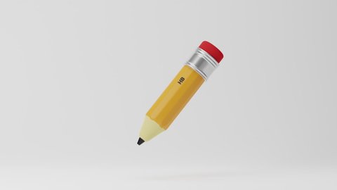 Animated yellow pencil with red rubber eraser isolated over white background. 3D rendering.
