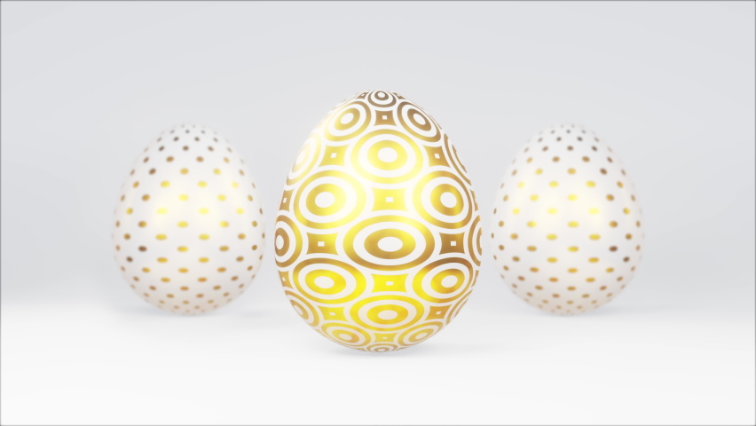Golden Easter eggs rotate on a bright background. A Happy Easter greeting card 3D Animation Rendering.