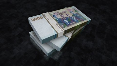 Algeria Dinar money pile pack. Concept background of economy, banking, business, crisis, recession, debt and finance. 2000 DZD banknotes stacks 3d animation.