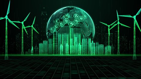 Hologram wind turbine green energy concept, Renewable energy production for green ecological world, Wind farm technology abstract background, Seamless Loop 4K
