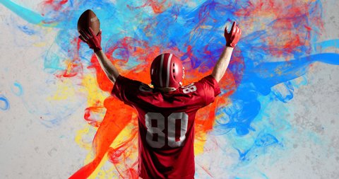 Animation of american football player holding ball on abstract colourful painted background. sport, competition and creativity concept digitally generated video.
