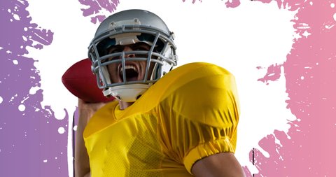 Animation of american football player holding ball on abstract painted pink and white background. sport, competition and creativity concept digitally generated video.