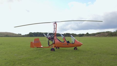 Upminster , United Kingdom (UK) - 02 07 2022: 4K Gyrocopter ground camera rising