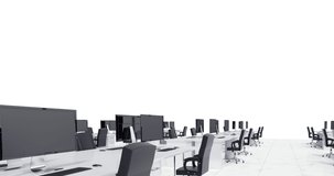 Animation of clean your desk text over empty office with desks, chairs and computers. national clean your desk day concept digitally generated video.