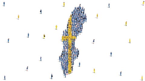 Sweden Map and Flag. A large group of people in the Sweden flag color form to create the map. 4K Animation Video.
