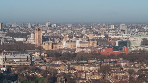 Establishing Aerial View Shot of London UK, United Kingdom, long lens, day, stunning morning