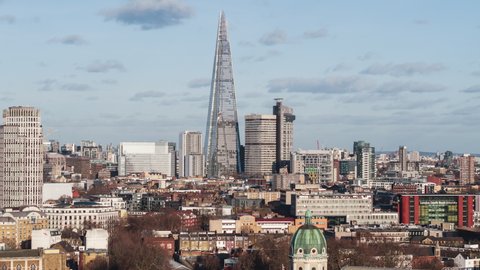 London, Britain - circa 2022, Tall Shard super skyscraper, Establishing Aerial View Shot of London UK, United Kingdom