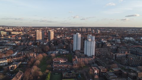 Establishing Aerial View Shot of London UK, United Kingdom, South London, sunny afternoon