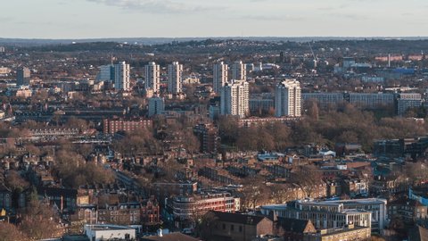 Establishing Aerial View Shot of London UK, United Kingdom, South London, residential area, circling left