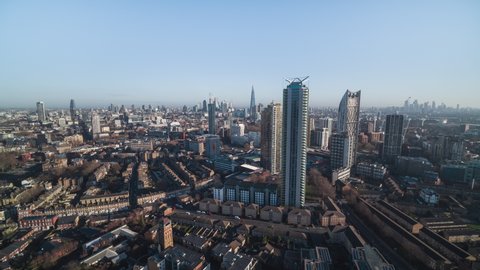 Establishing Aerial View Shot of London UK, United Kingdom, South London, residential area, slow push