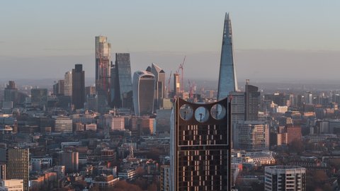 Establishing Aerial View Shot of London UK, United Kingdom, skyscrapers, cinematic move