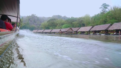 Kanchanaburi, Thailand. 12 Feb 2022: Resort accommodation on vacation, where the stay requires a boat cruise along the River Kwai, 