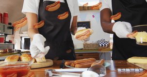 Animation of hotdogs over food vendors preparing food for customer. small business, food, health and wellbeing lifestyle concept digitally generated video.