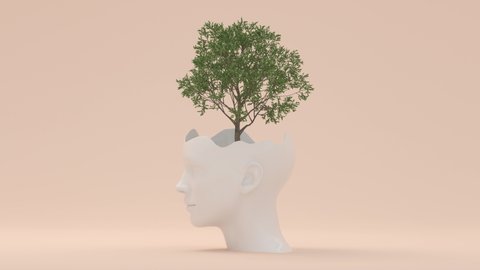 Tree sprouting on the head of a mannequin 3d rendering