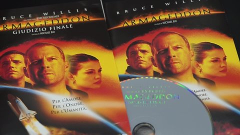 Rome, Italy - February 12, detail of the cover and DVD of the movie Armageddon Final Judgment.
