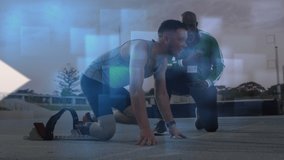 Animation of arrows moving over caucasian man with running blade and his african american trainer. global sports, healthy and active lifestyle concept digitally generated video.
