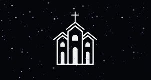 Animation of snow falling over church on black background. christianity and religion concept digitally generated video.
