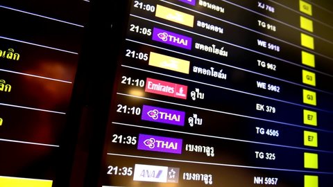 Bangkok, Thailand - Feb 9, 2022 : departure board showing cancelled flights due to extended ban on international flights during COVID-19 outbreak in Suvarnabhumi Airport