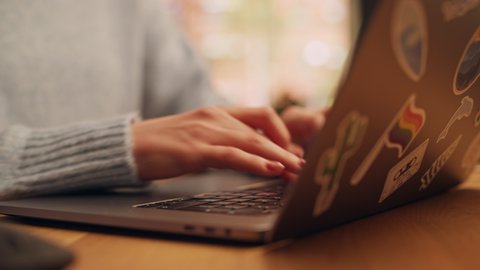Close Up Footage of Person's Feminine Hands Use Laptop Computer with Diverse LGBT Stickers while Sitting at a Table. Creative Designer in Blue Sweater Typing on Keyboard, Browsing Internet.