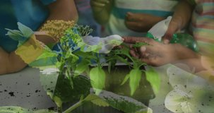 Animation of african american family gardening over plants. leisure, togetherness and wellbeing concept digitally generated video.