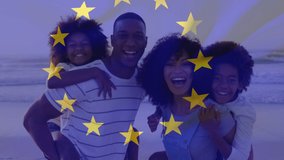 Animation of happy african american family at beach over eu flag. leisure, togetherness and wellbeing concept digitally generated video.