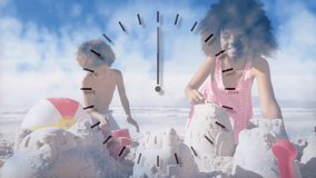 Animation of happy african american brother and sister playing at beach over clock. leisure, summer and holiday concept digitally generated video.