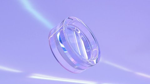 Glass abstract geometric shape, iridescent crystal round or clear ring with dispersion light on purple background. Refraction effect of rays, holographic spectral gradient texture, 3d animation