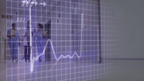 Animation of cardiogram over caucasian doctor and nurses with face masks walking. medical and healthcare services during pandemic concept digitally generated video.