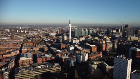 BIRMINGHAM, UK - 2022: Establishing aerial view of Birmingham UK with the BT tower and city buildings